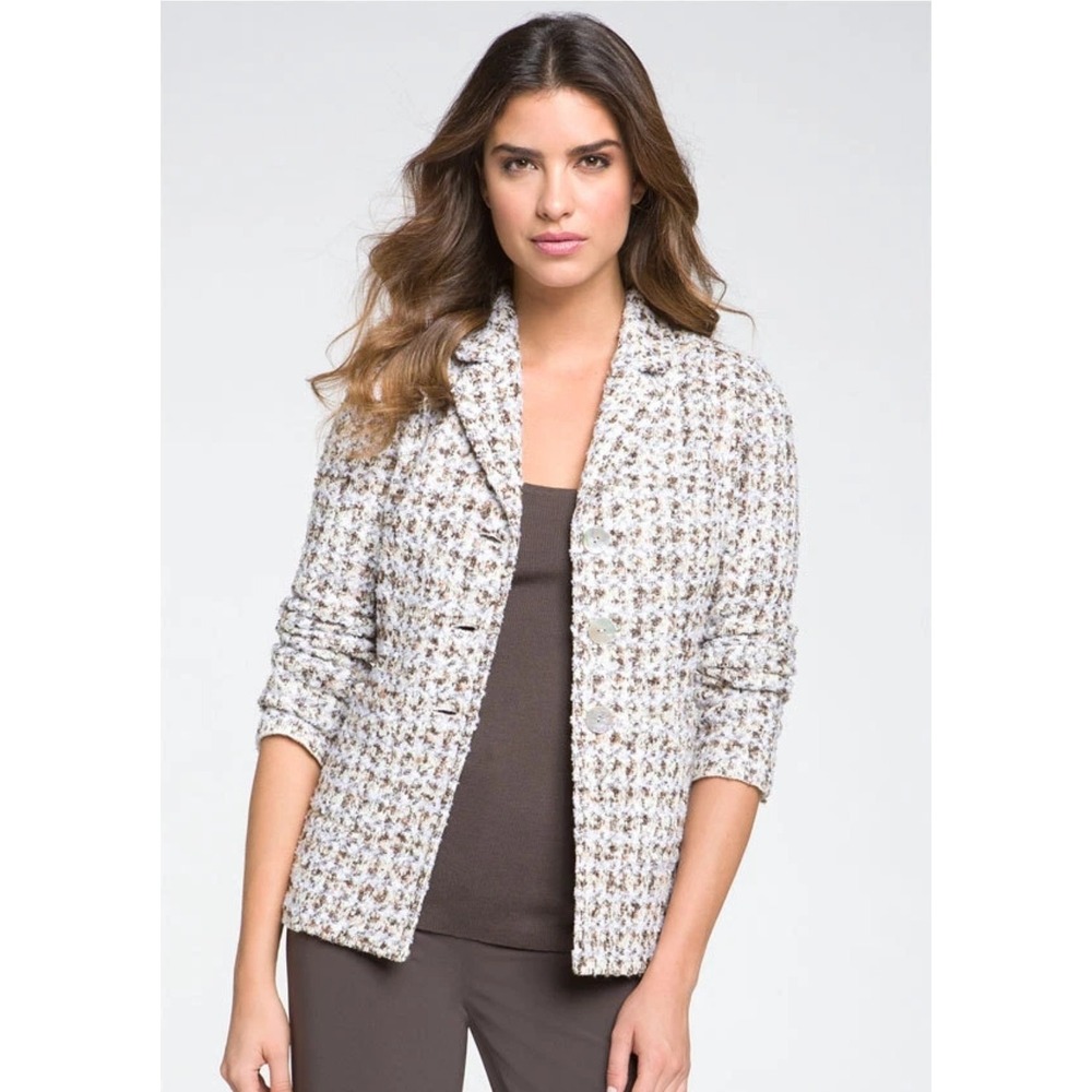 St. John Womens Size 4 Boucle Tweed Knit Blazer Jacket Ivory Brown Old Money